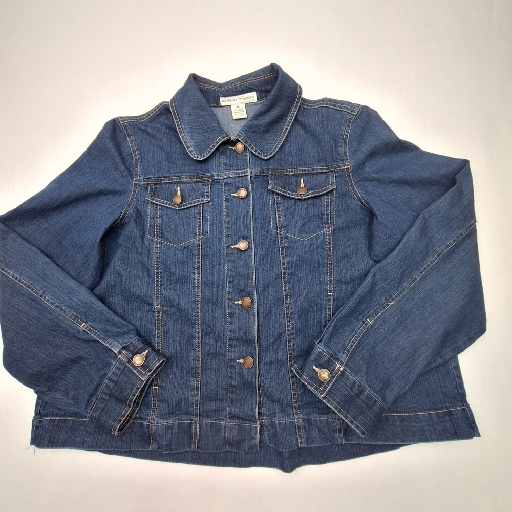 Bamboo Traders Denim Jean Jacket Womens XL Blue Stretch Pleated Back